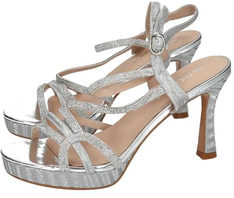 TULIPANO AD3-L3580-01 Calzado Abierto de Brillo Plata con tacón Fino 10 cm, Tiras Cruzadas y Pulsera Tobillo para Mayor Estabilidad Mujer Sandalias TACÓN