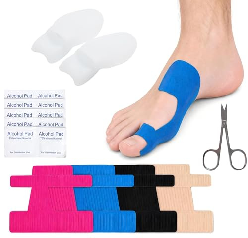 Kit 30 Pz Correttore Alluce Valgo con Nastro Kinesiologico 4 Colori, 10 Salviette Alcol & Forbici - Set Protezione Alluce Professionale con 2 Divaricatore dita piedi in Silicone e Separatore dita