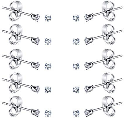 FOSIR 2-4mm Tiny Women's Stainless Steel Round Clear Cubic Zirconia Stud Earrings(6-10 Pairs)