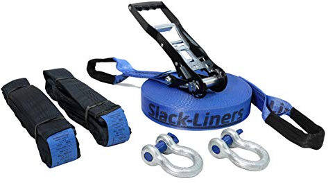 Slack-Liners Slackline Komplett-Set BLAU 6 Teilig - 50mm breit, 25m lang - mit Premium Langhebelratsche Made in Germany