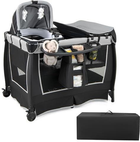 COSTWAY 6 in 1 Lettino da Campeggio per Bambini, Culla Viaggio con Materasso, Fasciatoio e Giocattolo, Box Portatile Pieghevole, Ruote Bloccabili, per Banbini 0-3 Anni (Grigio, 105,5 x 73,5 x 77 cm)