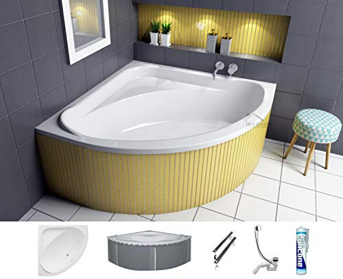 ECOLAM® symmetrische Badewanne Eckwanne Standard Polimat 140x140 cm Acryl weiß + Wannenträger zum Verfliesen Ablaufgarnitur Ab- und Überlauf Automatik Füße Silikon Komplett-Set