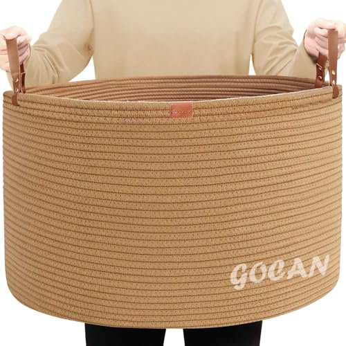 GOCAN Cesto portabiancheria extra large, 55,9 x 55,9 x 35,6 cm, in corda di cotone, cesto per coperte, con manici, per soggiorno, giocattoli, XXXL (pura iuta)