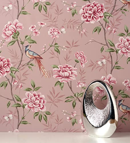 GAULAN 681990 - Papel pintado de pájaros y flores fondo texturizado efecto fibra vegetal rosa para pared salón cocina baño dormitorio comedor - Rollo de 10 m x 0,52 m