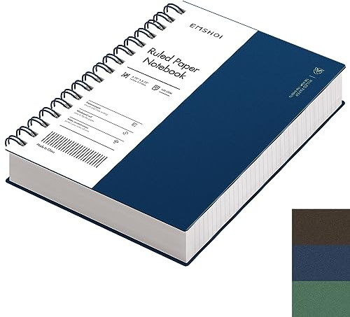 EMSHOI A5 Notebook College Ruled, Spiral Notepad 150 Sheets/300 Pages, 100gsm, PVC Cover, Sticky Notes, Pocket, Pen Loop, Ruler, Bookmark, Lined Journal for Women Men Writing, 14.5 x 21cm, Blue