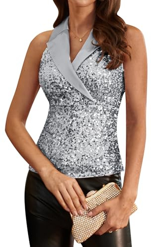 Women Glitter Sequins Sparkle Vest Sleeveless Neck Camisole Tank Tops for Club Party Silver-Sequin XL