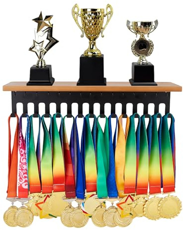 SUPERDANT Porta medallas de pared de madera y estante para trofeos expositor para medallas con 30 ganchos expositores porta medallas expositor de pared para medallas regalos para atletas