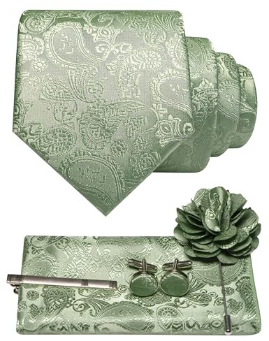JEMYGINS Herren Paisley Krawatte mit Einstecktuch Krawattenklammer Blumenbrosche und Manschettenknöpfen Set salbeigrün