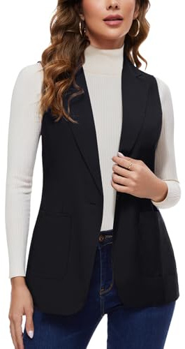 Kyzoeyou Blazer sans manches pour femme Gilet long de bureau entièrement doublé à un bouton Veste Gilet à revers cranté, b-noir, XL