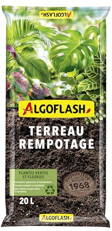 Algoflash Terreau Rempotage, Plantes Vertes et Plantes Fleuries, Utilisable en Agriculture Biologique - 20 L, Marron