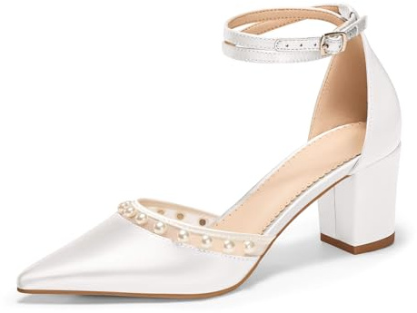 Coutgo Womens Pearl Chunky Heels Wedding Shoes for Bride Closed Pointed Toe Ankle Strap Satin Pumps, White, Size 9