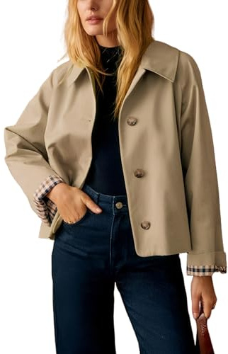 Dqbeng Womens Cropped Trench Coat Classic Collar Oversized Casual Jackets with Checkered Lining