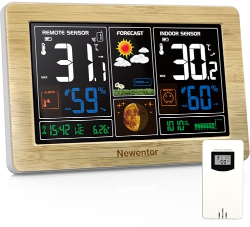 Newentor Wetterstation Funk mit Außensensor - Funkwetterstation mit Wettervorhersage, Temperaturwarnung, DCF Funkuhr - Batteriebetrieb und Netzbetrieb, Holzfarbe, 1 Außensensoren