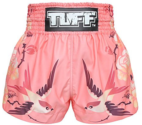 Tuff Sport Box-Shorts, Muay-Thai-Shorts für Damen und Mädchen, Kick, Kampfsport, Training, Fitnessstudio, Rosa Vögel, Groß