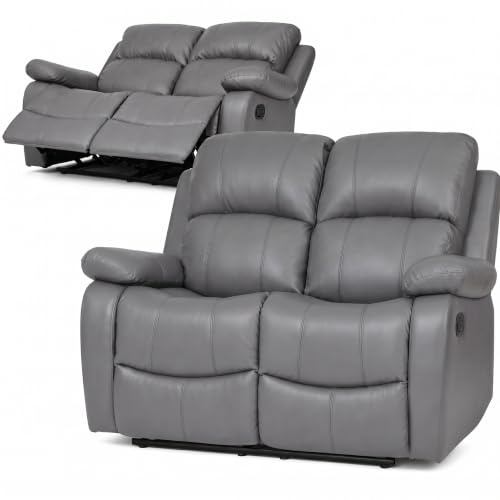 Bravich 2 Seater Recliner Sofa, Manual Reclining Faux Leather Couch, Padded Settee with Footrest, Steel Frame, Two Seater for Living Room, Grey