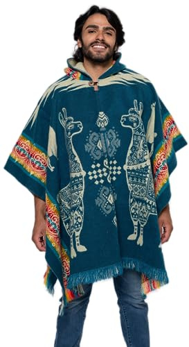 Alpaca Land, Handmade Ecuadorean Alpaca Wool Ponchos (One Size, Hooded, Button Closure), (Light Blue Alpaca)