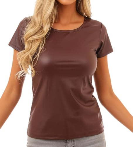 Wetlook skjorta för kvinnor, latexliknande konstläderskjorta, Bordeaux, XL