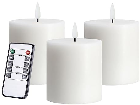 volnyus White Flameless Candles Set of 3 (3x3 inch) Real Wax Flickering LED Candles Battery Operated with Remote Control Timers for Fireplace Bedroom Livingroom Party Dimmable Pillars Flat top