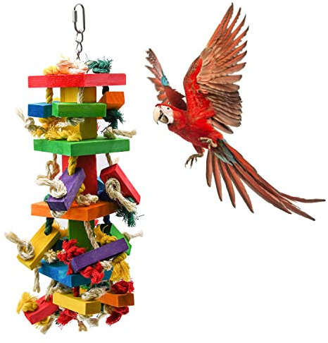 RUBY.Q Large Parrot Toy, 20in Bird Parrot Toy, Multicolored Natural Wooden Bird Chewing Toys for Large Macaws, African Grey and a Variety of Amazon Parrots