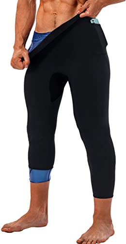 LMCOB Sauna Sweat Short Pants for Men Hot Thermo Sauna Leggings Compression Hight Waist Pants Workout Body Shaper Sauna Suit, Blue Lining, Large