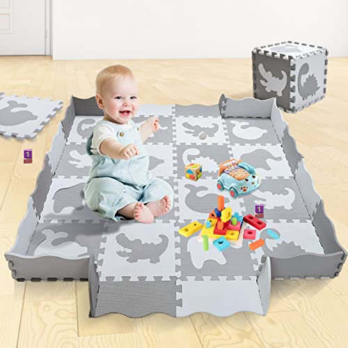 Puzzle Tapis Mousse Bébé avec Clôture, Tapis de Protection de Sol Fitness, Tapis Mousse Puzzle Antidérapant, Tapis de Sol pour Enfants (B/16PCS/Blanc+Gris foncé)