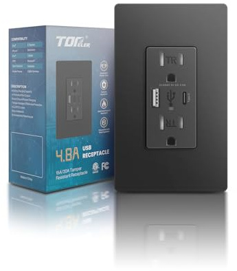TOPELER USB Wall Outlet, 4.8A USB Charger Receptacle with Type A & Type C Ports, 15 Amp Duplex Tamper Resistant Receptacle Plug, Screwless Wall Plate Included, ETL Listed, Black