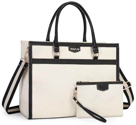 MOSISO Bolsa Portátil para Mujeres Lona Tote Bolsos, 15,6 Pulgadas Gran Capacidad Mensajero Bolsa Hombro Ordenador Casual Bolso Maletín Trabajo para Viajes Oficina con Monedero&Cinturón Trolley, Beige