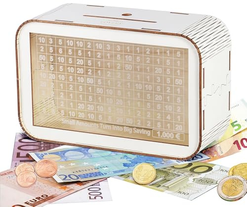 LOVLEY Huchas Originales para Adultos y Niños – Hucha Ahorro 1000 Euros con Contador – Caja de Ahorro de Madera y Acrílico Reutilizable y Decorativa (Cerdito, Blanca)