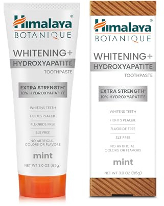 Himalaya Botanique Whitening+ Hydroxyapatite tandkräm, 10% hydroxiapatit (HA), mynta, fluorfri, Remineralisering från dag 7, vegansk, Glutenfri, 85 g
