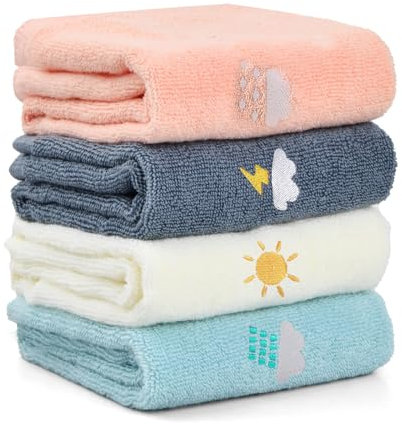 Dewocke 4 Stück Kinder Cartoon Handtücher, Weiche Baumwolle, 25 x 50 cm, Bunt, Rosa, Blau, Grau