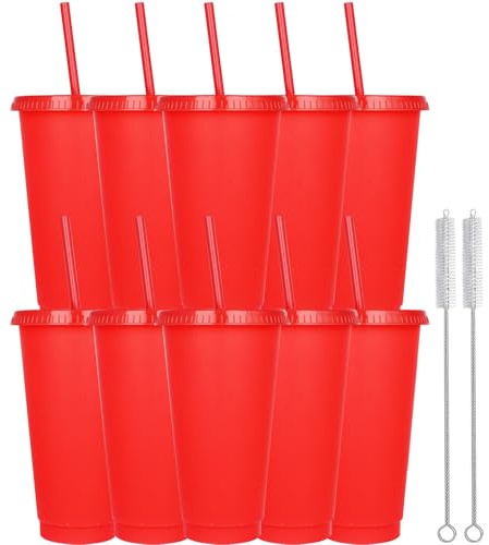 Yisituo Lot de 10 gobelets avec couvercle et paille, 710 ml, réutilisables, en plastique, pour smoothies, café, fête et voyage, 10, rouge