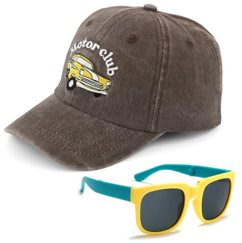 Auto Gorra de Béisbol Infantil, 2PCS Gorra de Visera con Gafas de Sol Sombrero de Protección Solar Ajustable Sombrero de Verano Ligera Bordado Ajustable Snapback para Deporte (Ceniza)