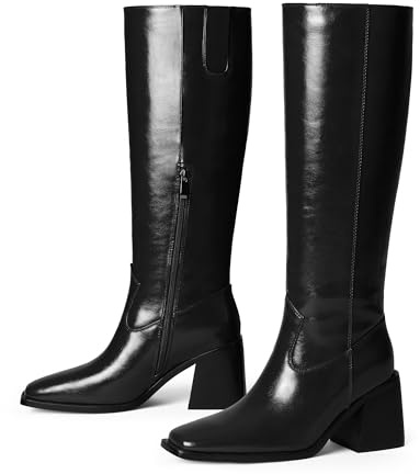 Adolilove Women Knee High Boots Low Chunky Block Heel Square Toe Faux Leather Fall Long Tall Dress Boot with Side Zipper, Black, Size 9