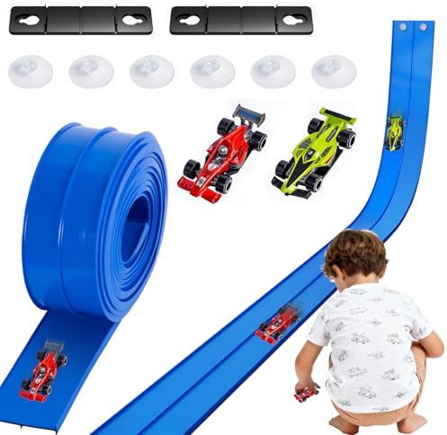 Rennbahn Kinder 3 4 5 6 Jahre: 4.1 Meter Autorennbahn Rennstrecke Auto Spielzeug mit 2 Autos - Flexible Rennbahn mit Saugnäpfen, DIY-Autobahn, Geschenke für Jungen und Mädchen