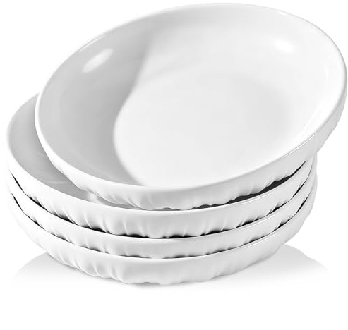 Houbobo Pasta Bowls, 8 Inch Large Ceramic Salad Bowls Soup Bowls, Wide White Serving Plate for Pasta, Salad, Dessert, Pizza, Fruit, Noodle, Set of 4, Microwave and Dishwasher Safe