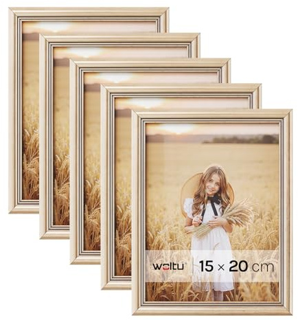 WOLTU Bilderrahmen 15x20 cm Gold, 5er Set Fotorahmen aus Massivholz und PS-Platte, Holzrahmen mit Passepartout, zum vertikalen oder horizontalen Aufhängen/Aufstellen, Posterrahmen Collage Wanddeko