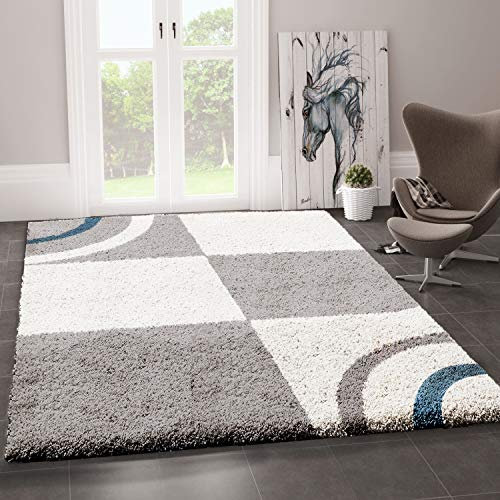 VIMODA Wohnzimmer Teppich Hochflor Shaggy Deko kariert Streifen Turkis Creme Grau Pflegeleicht Modern, Maße:200x280 cm