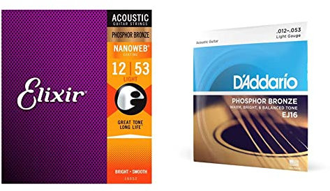Elixir® 16052 Saiten Phosphor Bronze Akustik-Gitarrensaiten mit NANOWEB® Beschichtung, Light (.012-.053) & D'Addario Gitarrensaiten Westerngitarre | EJ16 | Phosphor Bronze | Light (12-53)