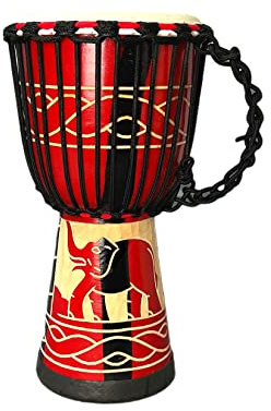 BORIYAM Djembe Drum Professionally Hand Carved, Goatskin Drum Head, From West African Style Tambourine, Bongo, Percussion (Red Elephant)