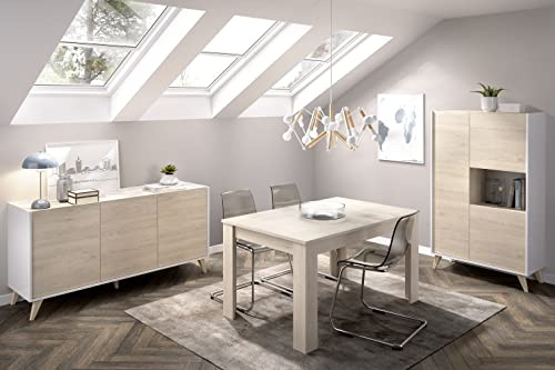 DEKIT GRUPO RIMOBEL Composición de salón Comedor con Mesa Extensible + Aparador Alto + Aparador 3 Puertas, Blanco y Roble Natural - Ness 4