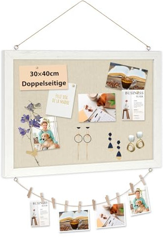 DOLLAR BOSS Pinnwand Kork mit Leinen 30×40CM Korkwand Pinnwand Klein, Pinwand mit Weißem Rahmen Doppelseitige Korktafel Für Zuhause, Küche, Büro, Dekoratives Aufhängen mit 10 Reißzwecken 1 Stück