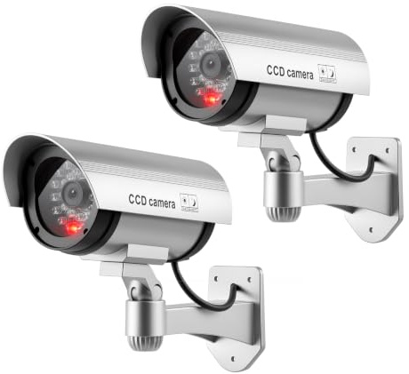 ERWEY 2 Cámara de Vigilancia Falsa con Luz LED Intermitente, Cámara CCTV Simulada de Seguridad para Interior y Exterior, Disuasión Antirrobo para Casa y Negocio, Plata