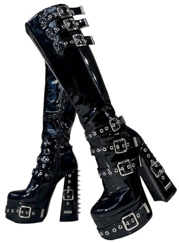 Frankie Hsu Goth Sexy Chunky Platform Stivali con tacco alto, Rivetti in argento vernice nera multi fibbia gotica, Punk Y2K Hot Girl Big Large Size Largo polpaccio scarpe per donne uomini, Nero , 40