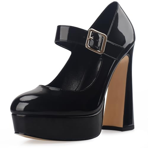 Oh Mispares Women's Chunky Heel Mary Jane Pumps Closed Toe Thick Sole Platform Adjustable Ankle Strap Block High Heeled Pumps Patent Dress Casual Wedding Heels 5 Inch Black US 7
