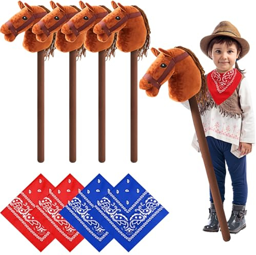 Poen 4 Pack Light Brown Horse Stick with Sound Red and Blue Bandana Set 27.6'' Toys Stick Horse Western Cowboy Bandana with Neighing Sound for Boys Girls Fun Pretend Games