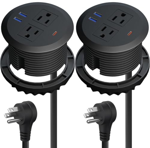 MAZZGOFOR Desktop Power Grommet - 2pcs,3-inch PD30W USB C Desk Fast Charging Station,3-USB Port,Flush Mounted for 3-1/8 Desk Grommet Holes,Round Recessed Power Outlet,ETL-Certified,6.3 ft Cord,Black