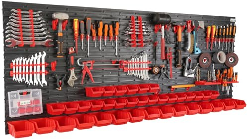 Werkzeugwand Wandregal mit 200x80cm Abmessungen Behälter 37 tlg. Set im Schwarz/Rot Werkzeughalter Werkstattregal aus Kunststoff Lagersystem Schüttenregal Extra Starke Regal Erweiterbar Lagerregal