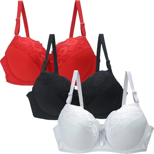 3Pcs Women's Lace Push Up Bras, Floral Lace Non Padded Full Coverage Minimizer Bra Everyday Bras Push Up Underwear Support Comfortable Bralette Lounge Lingerie Breathable with Adjustable Straps