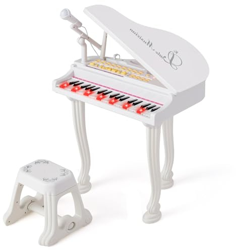 KOMFOTTEU Clavier 37 Touches pour Enfants, Piano pour Enfants avec Microphone, Piano électronique avec Tabouret, Clavier pour Enfant, 8 Effets de Percussion & 8 Styles d'Accompagnement (Blanc)