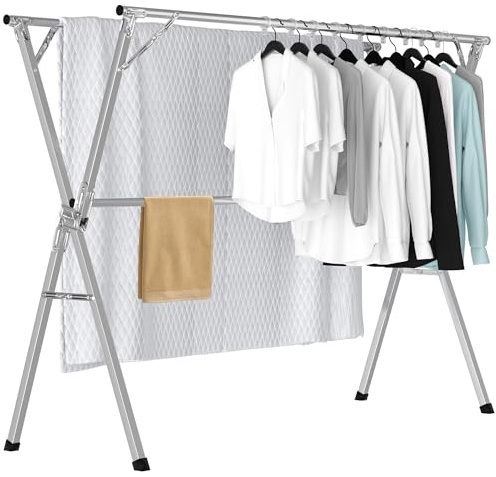 OUUTMEE Stainless Steel Clothes Drying Rack, 2.4M Retractable Clothes Airer with 20 PP Windproof Hooks – Heavy-Duty, Space-Saving Foldable Laundry Garment Rack for Indoor & Outdoor Home Use